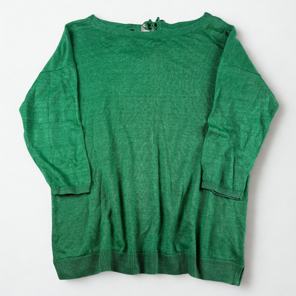 NWT‎ Talbots Linen Knit Sweater Womens L Petite Green Tie Back Boatneck Top